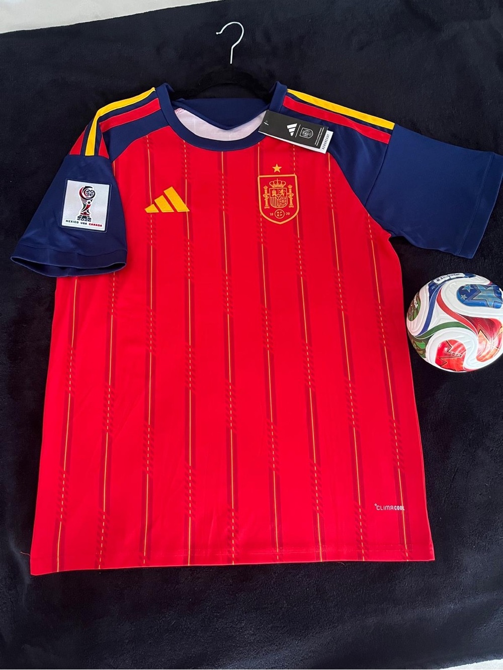 adidas Red and Navy Spain  Soccer Jersey with Yellow Accents